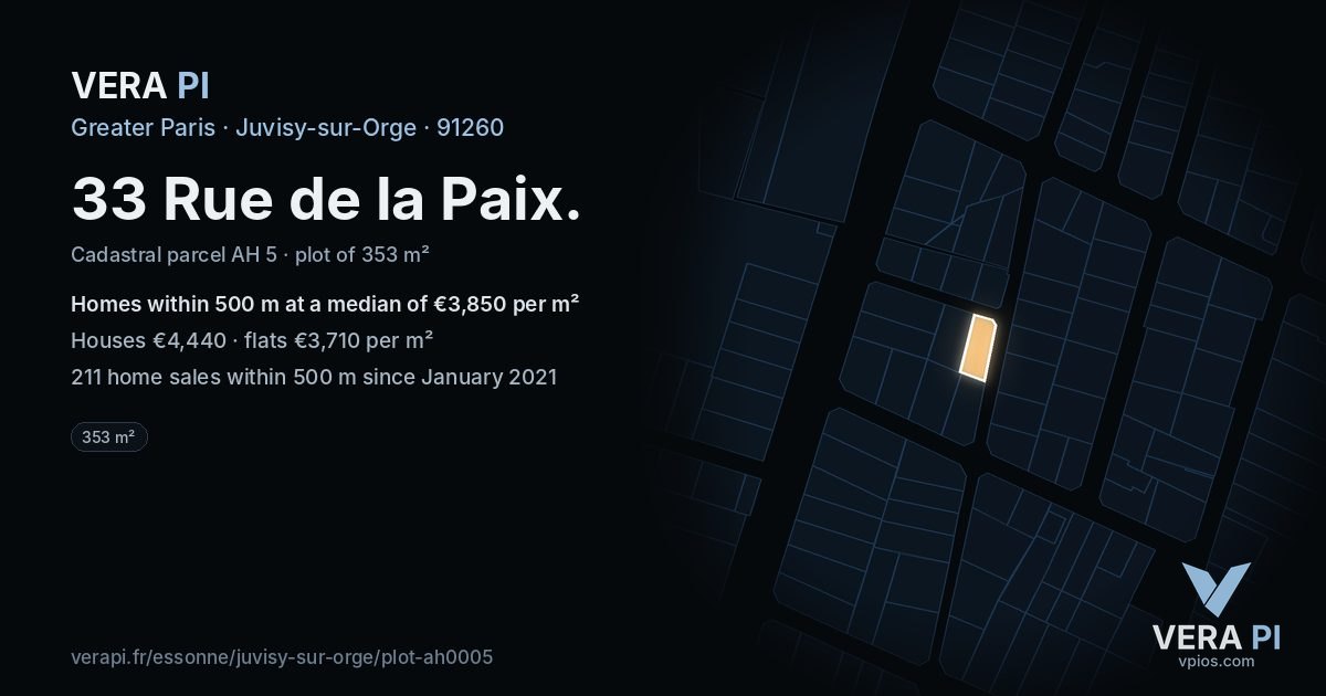 33 Rue de la Paix, Juvisy-sur-Orge at night – the plot lit, the parcels around coloured by the prices near them