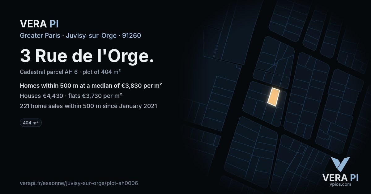 3 Rue de l'Orge, Juvisy-sur-Orge at night – the plot lit, the parcels around coloured by the prices near them