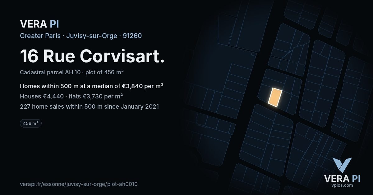16 Rue Corvisart, Juvisy-sur-Orge at night – the plot lit, the parcels around coloured by the prices near them