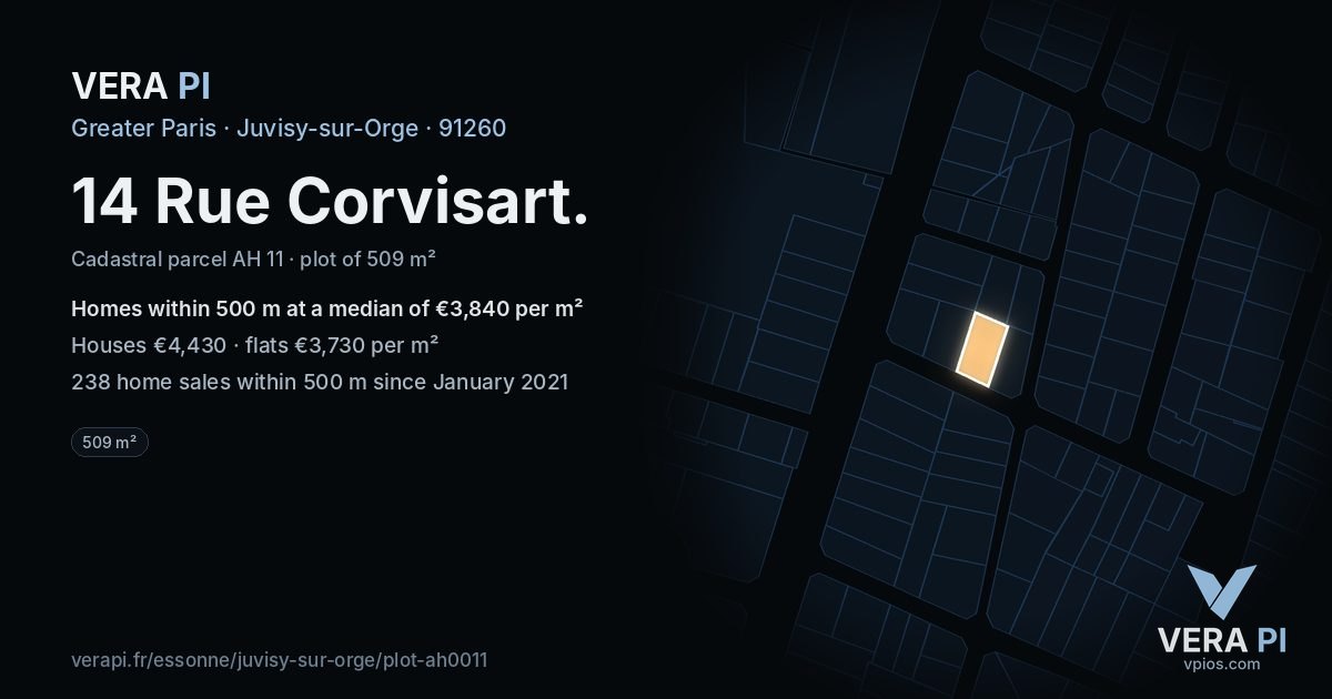 14 Rue Corvisart, Juvisy-sur-Orge at night – the plot lit, the parcels around coloured by the prices near them