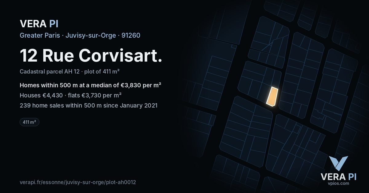 12 Rue Corvisart, Juvisy-sur-Orge at night – the plot lit, the parcels around coloured by the prices near them