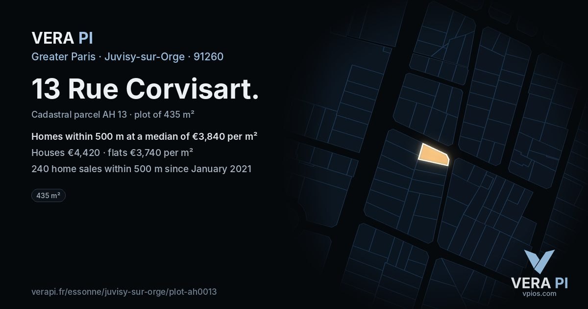 13 Rue Corvisart, Juvisy-sur-Orge at night – the plot lit, the parcels around coloured by the prices near them