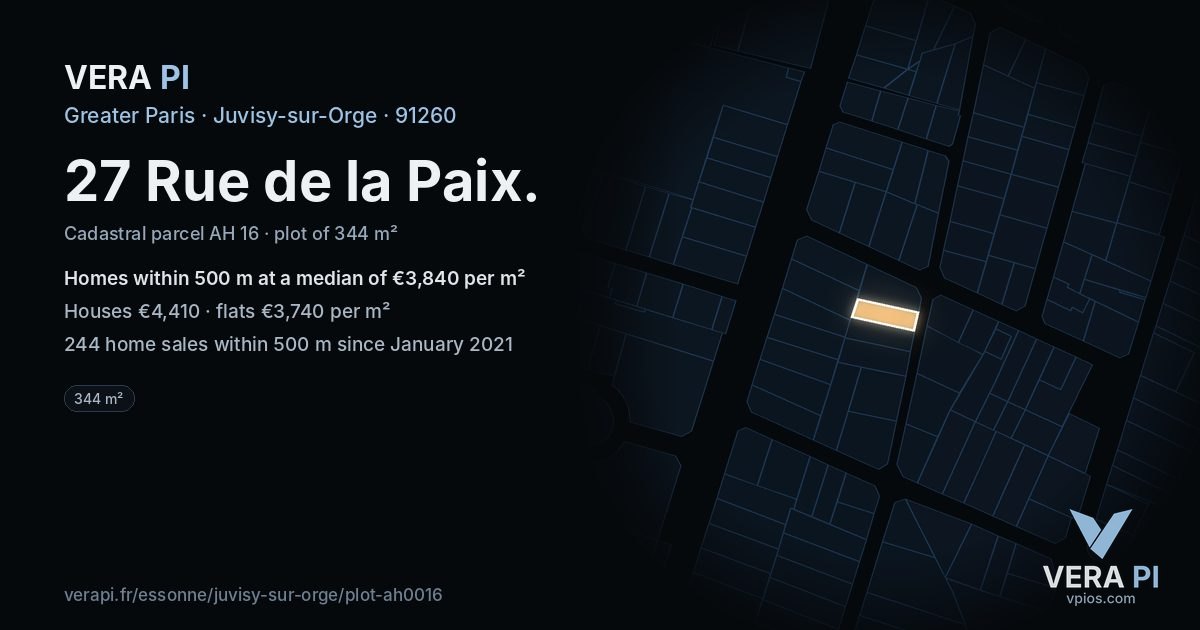27 Rue de la Paix, Juvisy-sur-Orge at night – the plot lit, the parcels around coloured by the prices near them