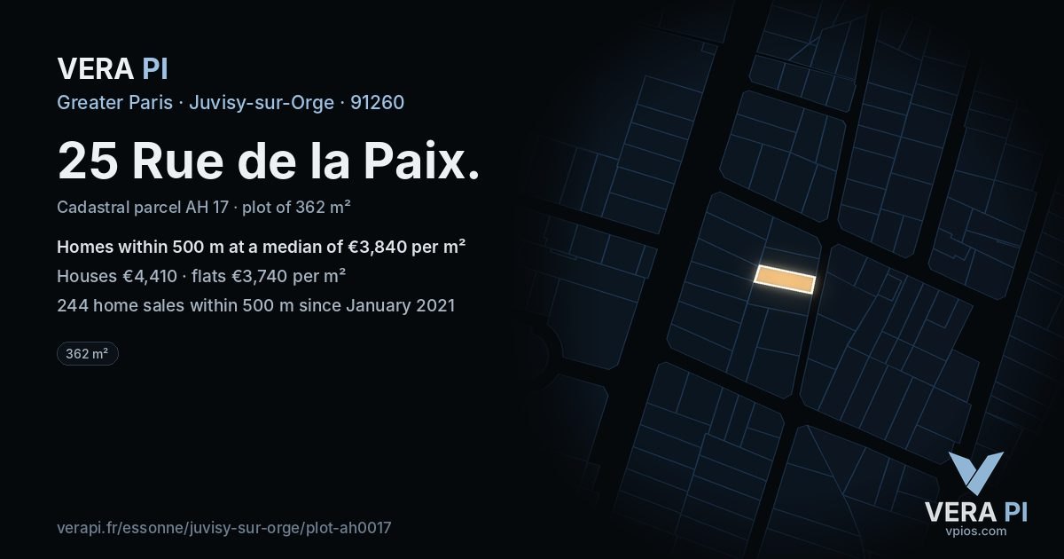 25 Rue de la Paix, Juvisy-sur-Orge at night – the plot lit, the parcels around coloured by the prices near them