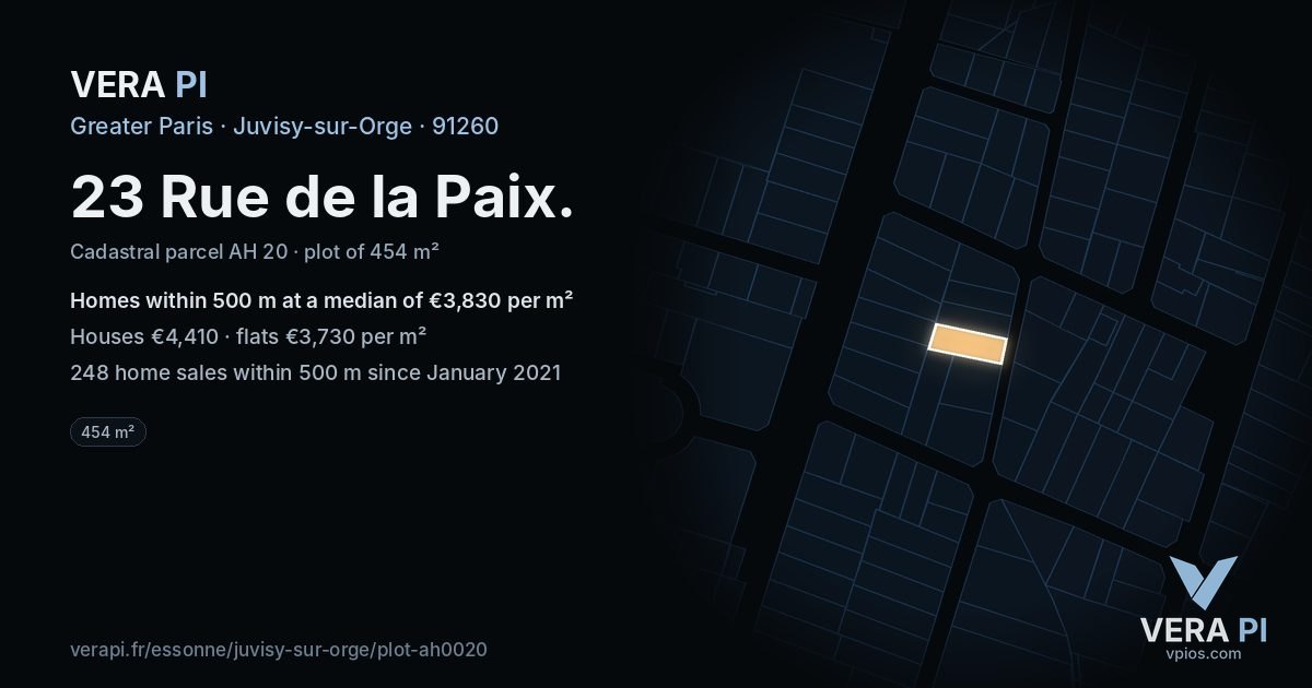 23 Rue de la Paix, Juvisy-sur-Orge at night – the plot lit, the parcels around coloured by the prices near them