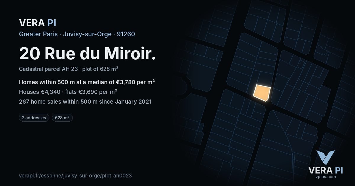 20 Rue du Miroir, Juvisy-sur-Orge at night – the plot lit, the parcels around coloured by the prices near them
