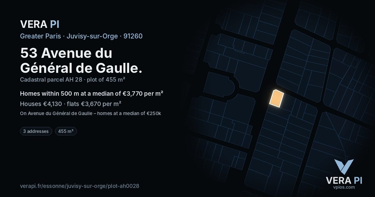 53 Avenue du Général de Gaulle, Juvisy-sur-Orge at night – the plot lit, the parcels around coloured by the prices near them