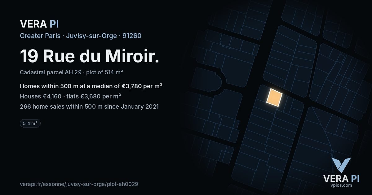 19 Rue du Miroir, Juvisy-sur-Orge at night – the plot lit, the parcels around coloured by the prices near them