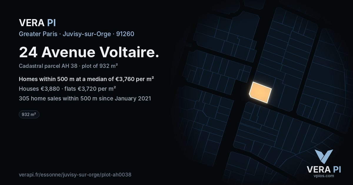 24 Avenue Voltaire, Juvisy-sur-Orge at night – the plot lit, the parcels around coloured by the prices near them