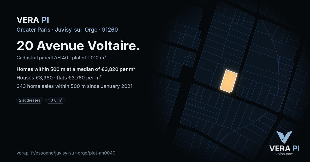 20 Avenue Voltaire, Juvisy-sur-Orge at night – the plot lit, the parcels around coloured by the prices near them