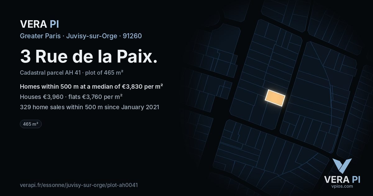 3 Rue de la Paix, Juvisy-sur-Orge at night – the plot lit, the parcels around coloured by the prices near them