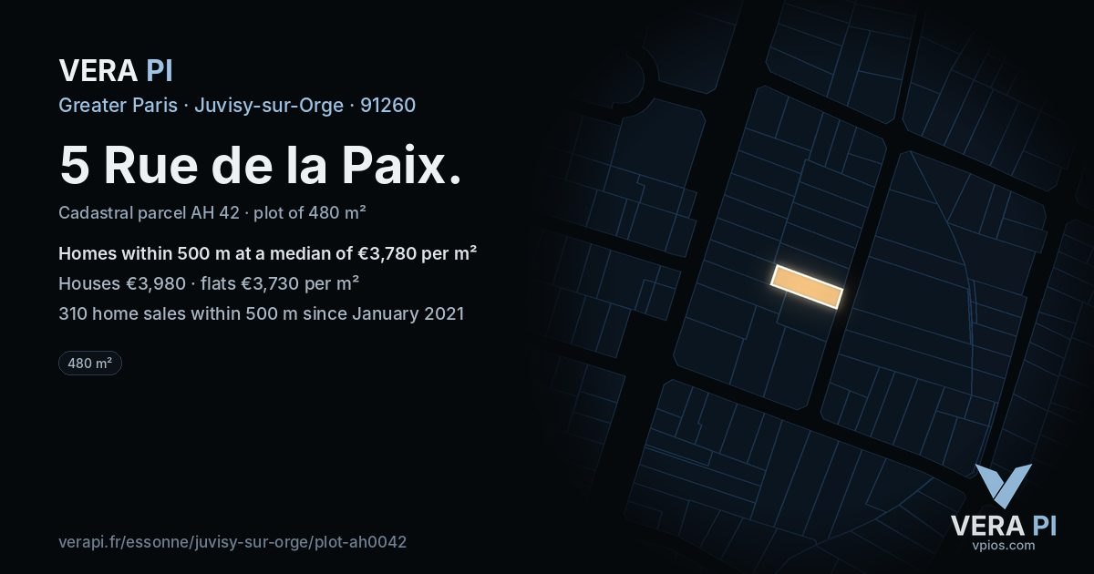 5 Rue de la Paix, Juvisy-sur-Orge at night – the plot lit, the parcels around coloured by the prices near them