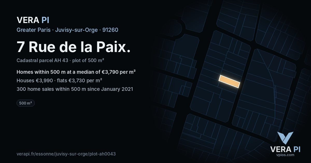 7 Rue de la Paix, Juvisy-sur-Orge at night – the plot lit, the parcels around coloured by the prices near them