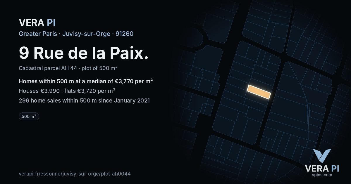 9 Rue de la Paix, Juvisy-sur-Orge at night – the plot lit, the parcels around coloured by the prices near them