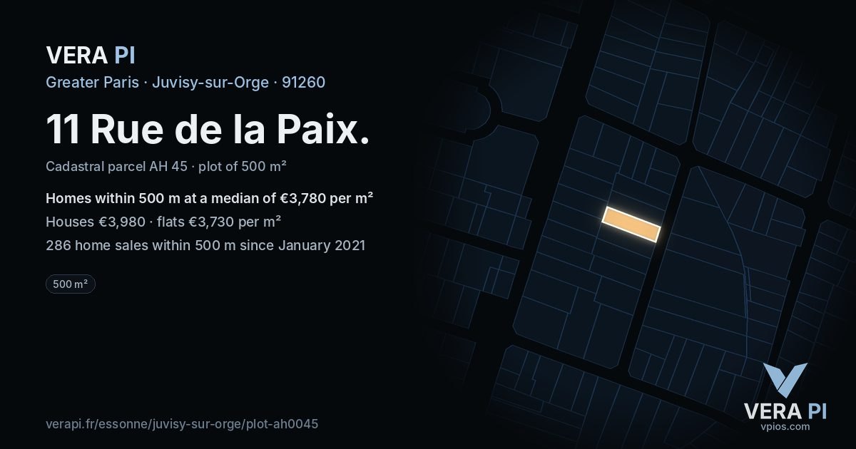 11 Rue de la Paix, Juvisy-sur-Orge at night – the plot lit, the parcels around coloured by the prices near them