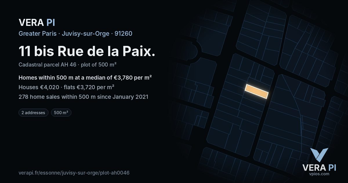 11 bis Rue de la Paix, Juvisy-sur-Orge at night – the plot lit, the parcels around coloured by the prices near them