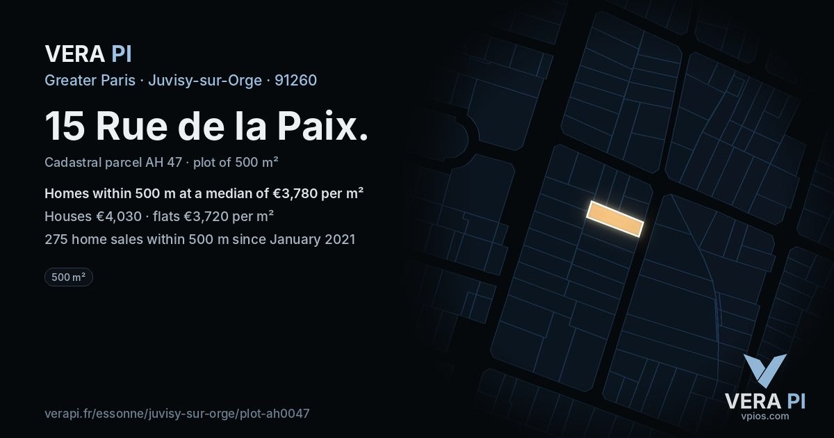 15 Rue de la Paix, Juvisy-sur-Orge at night – the plot lit, the parcels around coloured by the prices near them