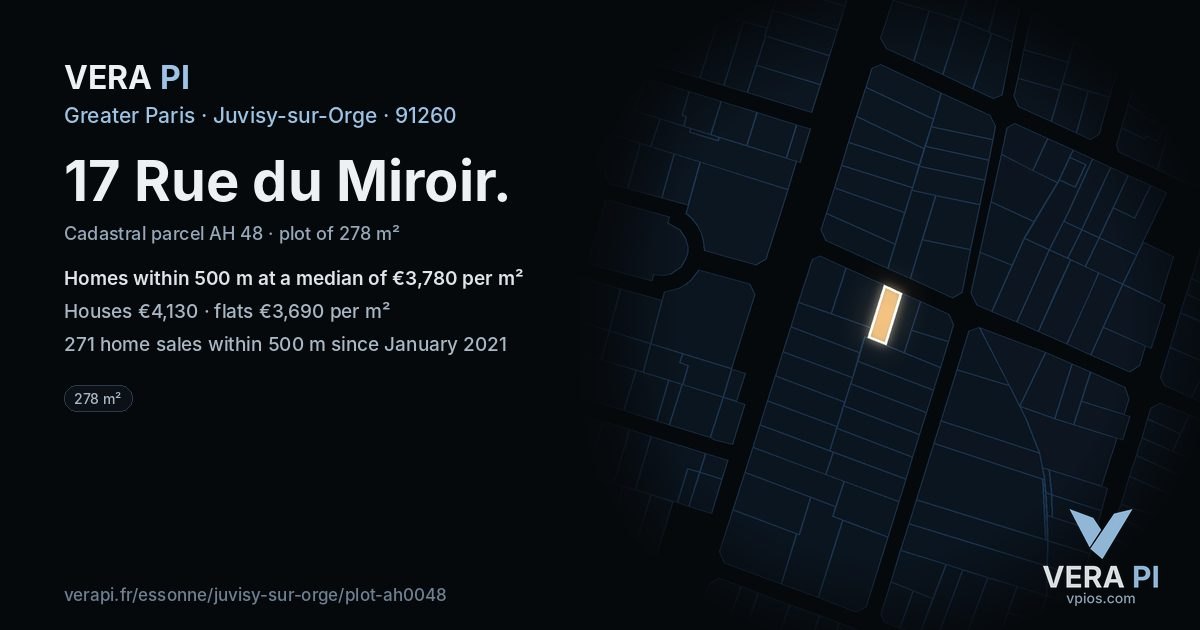 17 Rue du Miroir, Juvisy-sur-Orge at night – the plot lit, the parcels around coloured by the prices near them