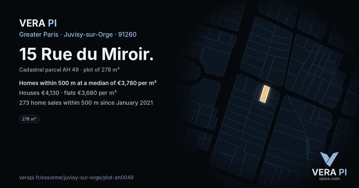 15 Rue du Miroir, Juvisy-sur-Orge at night – the plot lit, the parcels around coloured by the prices near them