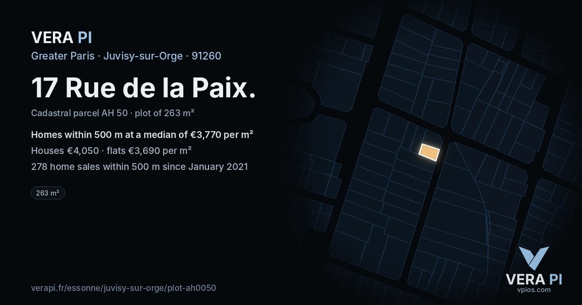 17 Rue de la Paix, Juvisy-sur-Orge at night – the plot lit, the parcels around coloured by the prices near them