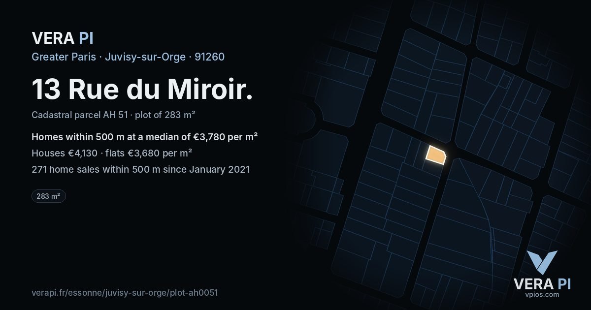 13 Rue du Miroir, Juvisy-sur-Orge at night – the plot lit, the parcels around coloured by the prices near them