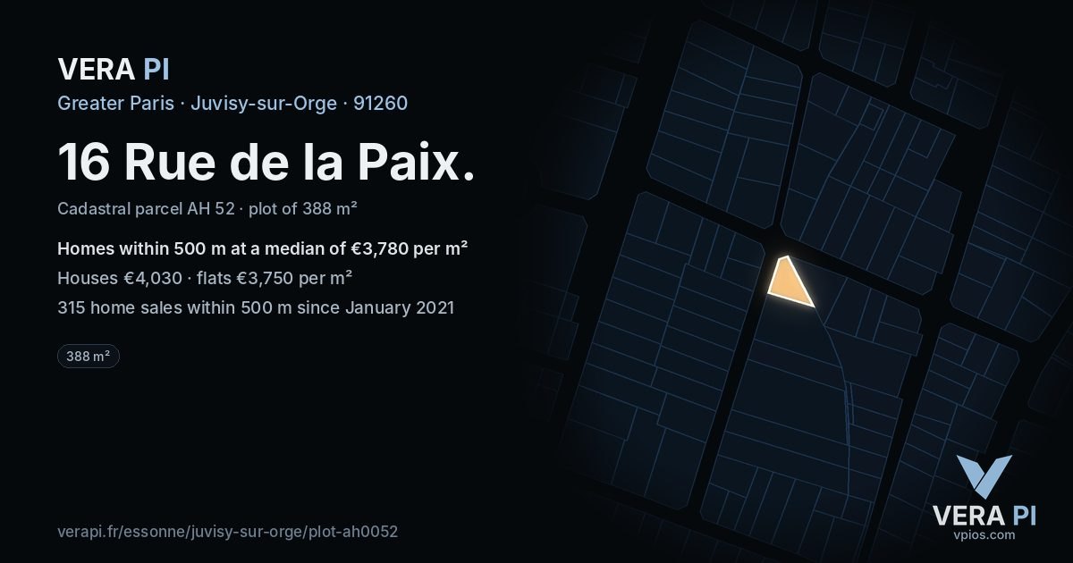 16 Rue de la Paix, Juvisy-sur-Orge at night – the plot lit, the parcels around coloured by the prices near them