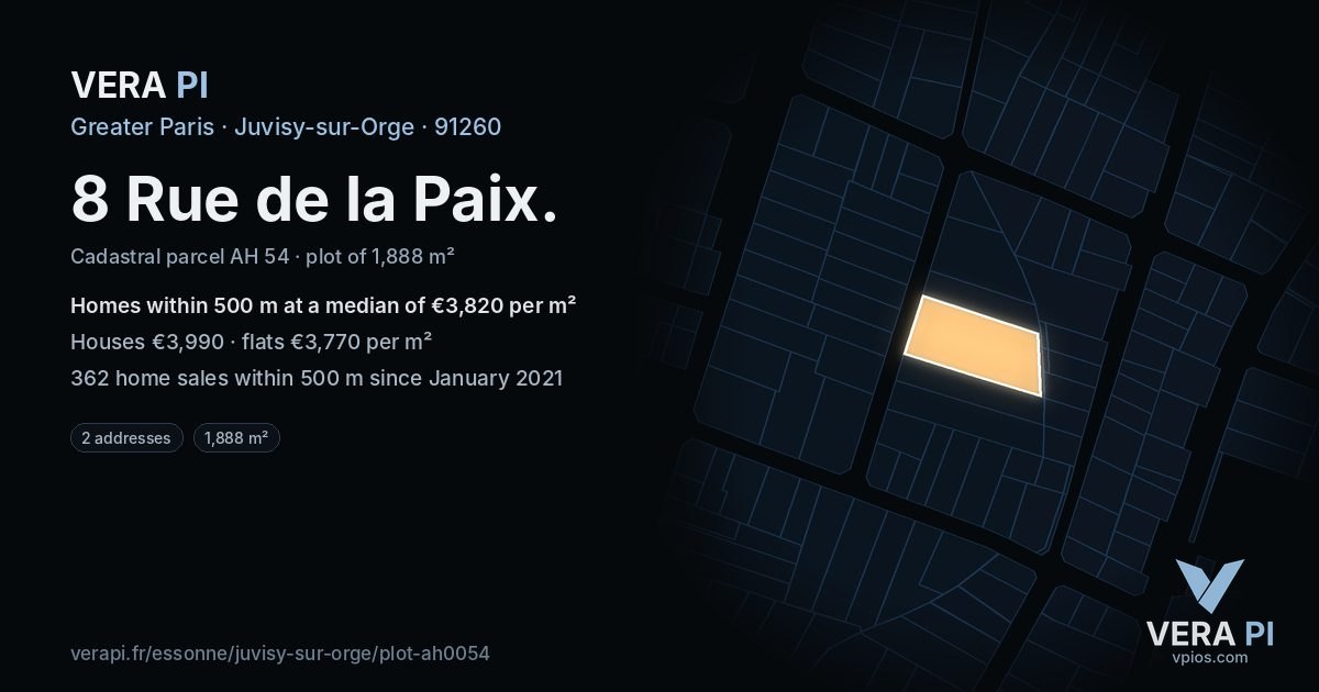8 Rue de la Paix, Juvisy-sur-Orge at night – the plot lit, the parcels around coloured by the prices near them