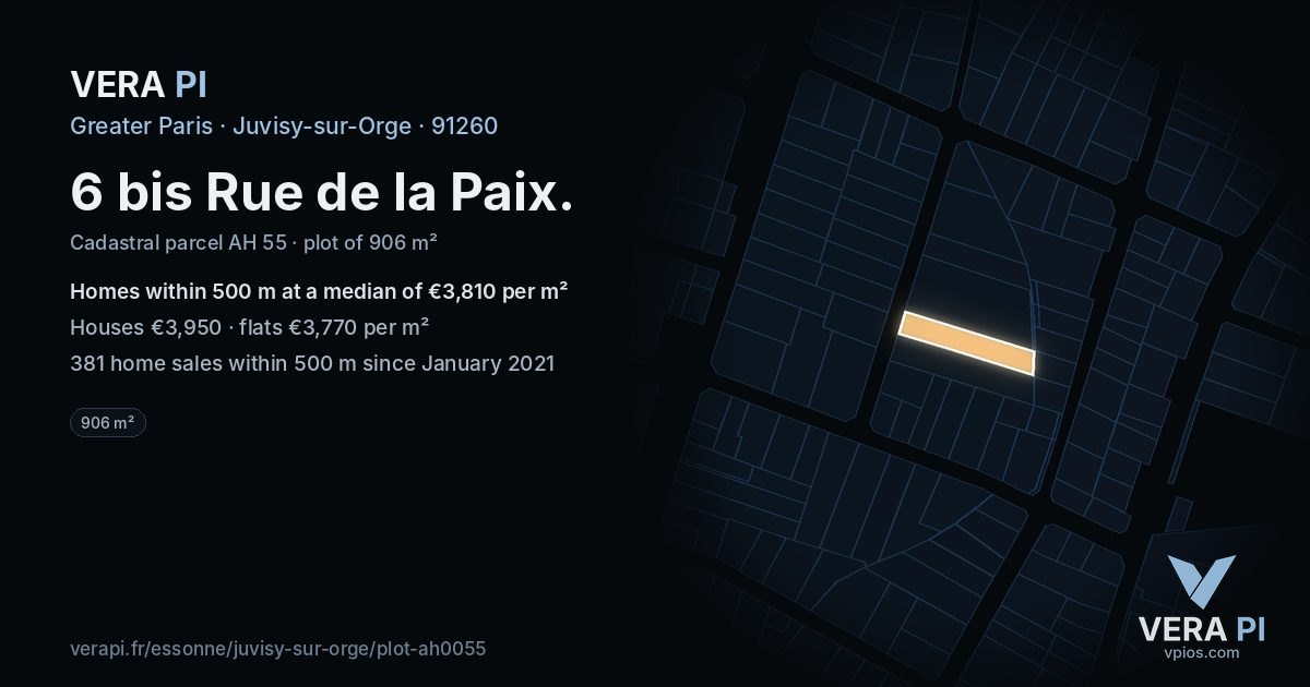6 bis Rue de la Paix, Juvisy-sur-Orge at night – the plot lit, the parcels around coloured by the prices near them