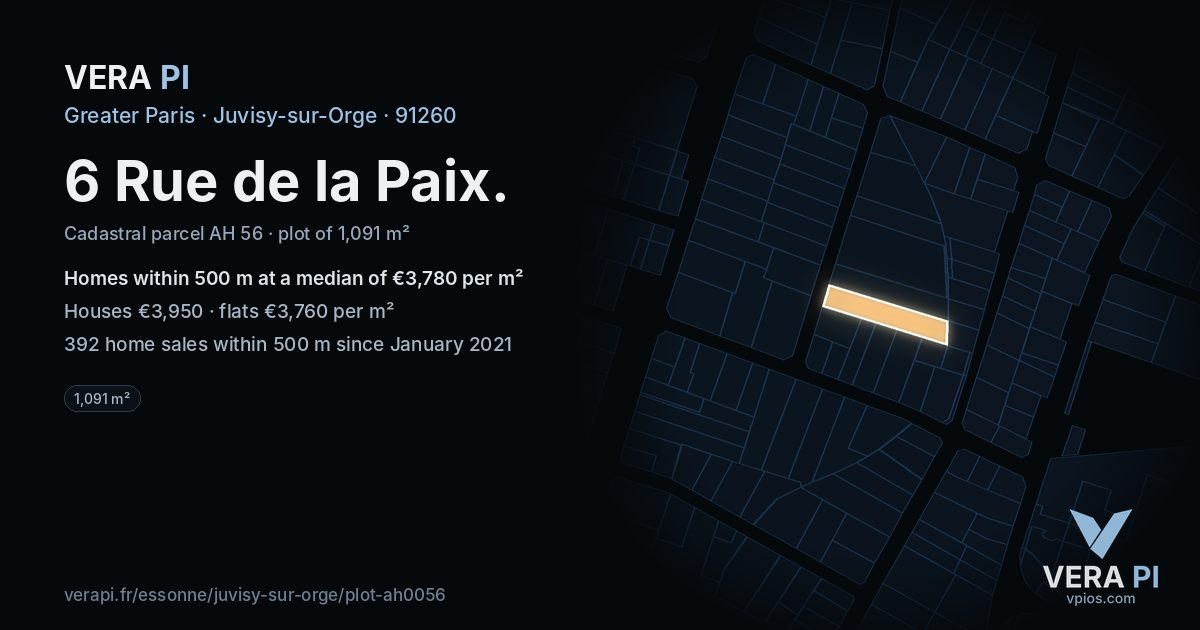 6 Rue de la Paix, Juvisy-sur-Orge at night – the plot lit, the parcels around coloured by the prices near them