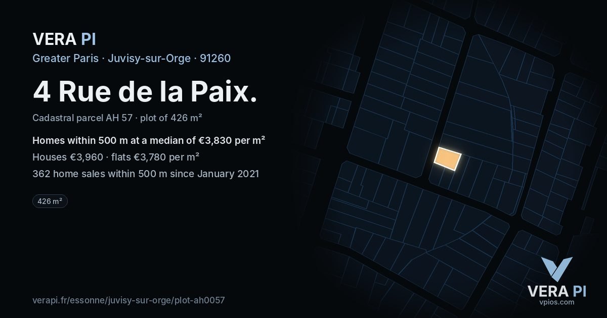 4 Rue de la Paix, Juvisy-sur-Orge at night – the plot lit, the parcels around coloured by the prices near them