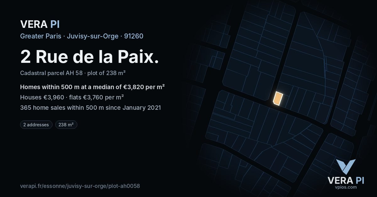 2 Rue de la Paix, Juvisy-sur-Orge at night – the plot lit, the parcels around coloured by the prices near them
