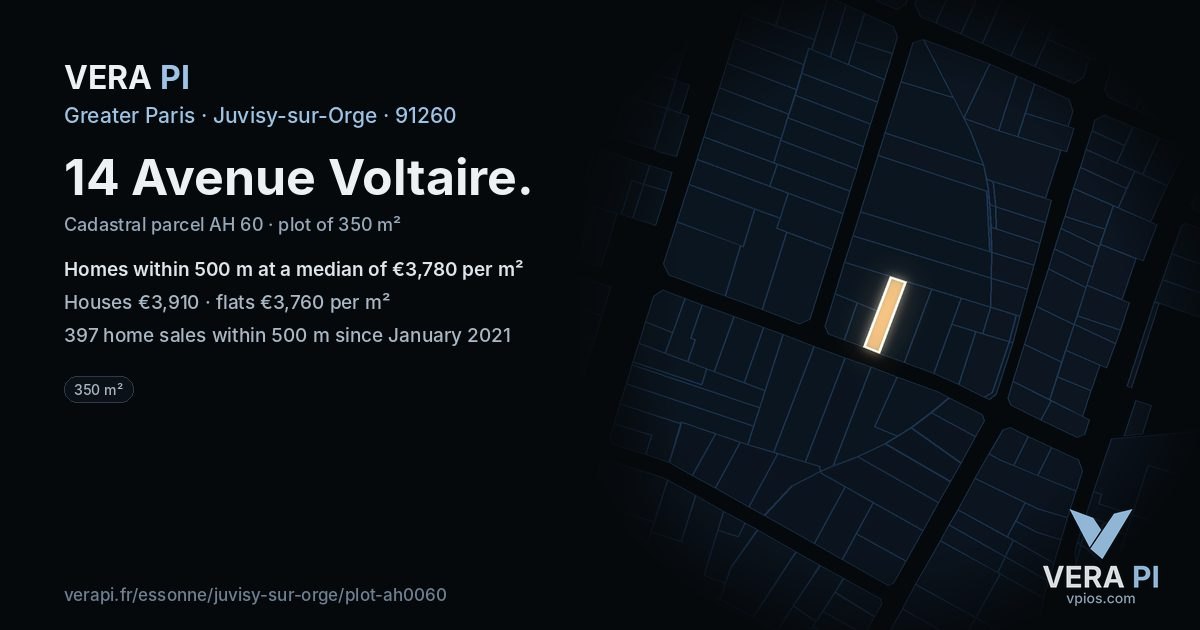 14 Avenue Voltaire, Juvisy-sur-Orge at night – the plot lit, the parcels around coloured by the prices near them