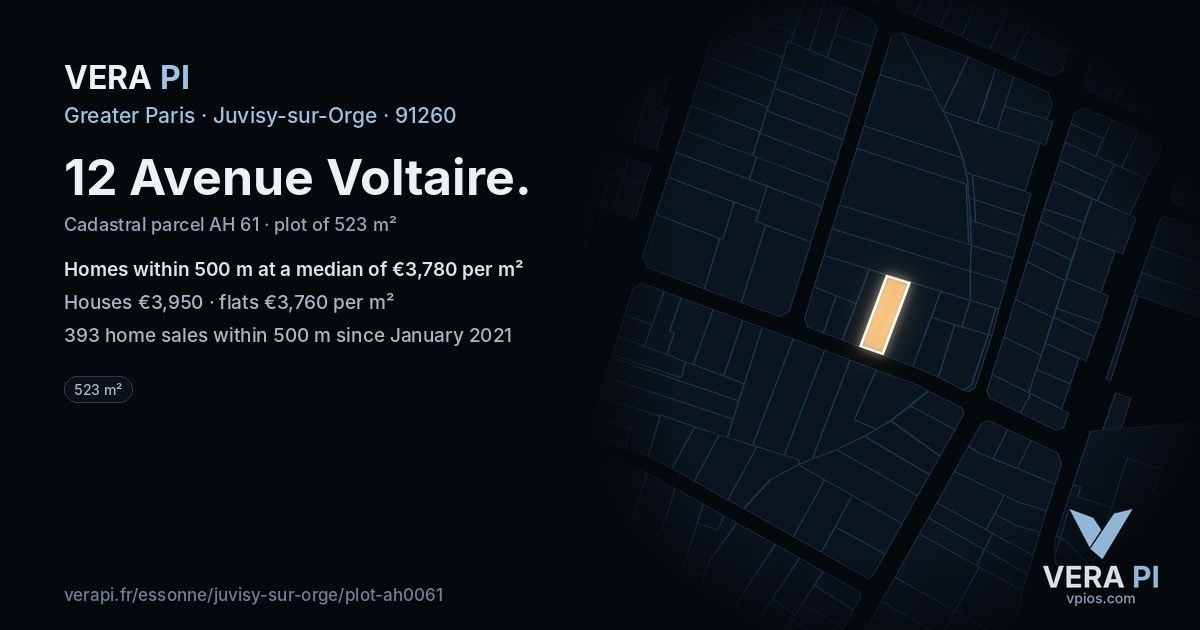 12 Avenue Voltaire, Juvisy-sur-Orge at night – the plot lit, the parcels around coloured by the prices near them