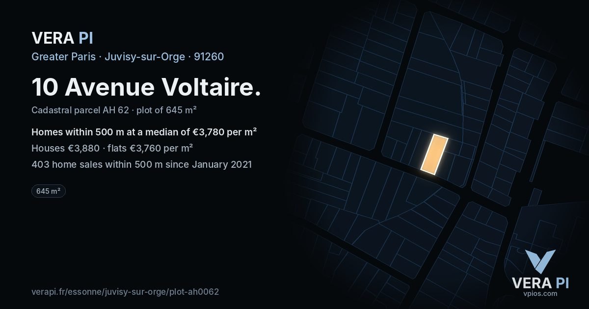 10 Avenue Voltaire, Juvisy-sur-Orge at night – the plot lit, the parcels around coloured by the prices near them