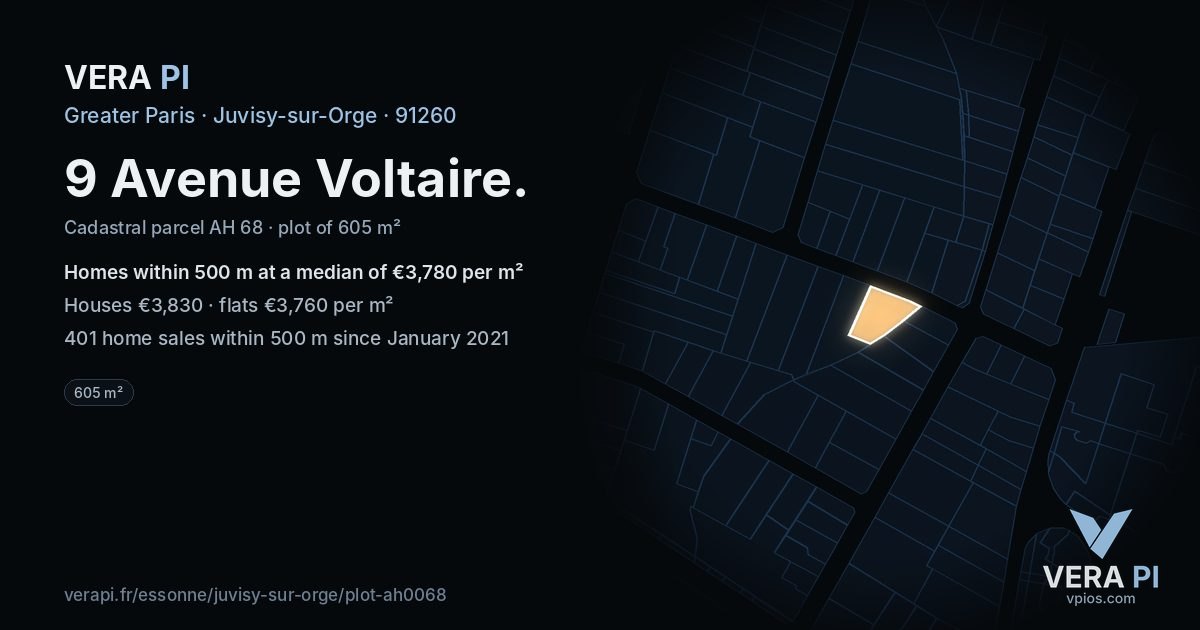 9 Avenue Voltaire, Juvisy-sur-Orge at night – the plot lit, the parcels around coloured by the prices near them