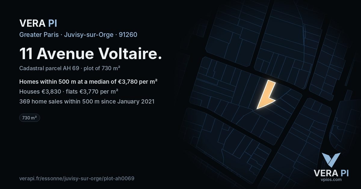 11 Avenue Voltaire, Juvisy-sur-Orge at night – the plot lit, the parcels around coloured by the prices near them