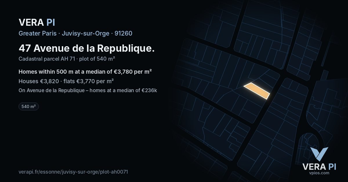 47 Avenue de la Republique, Juvisy-sur-Orge at night – the plot lit, the parcels around coloured by the prices near them