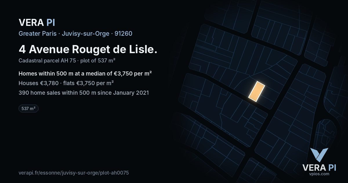 4 Avenue Rouget de Lisle, Juvisy-sur-Orge at night – the plot lit, the parcels around coloured by the prices near them