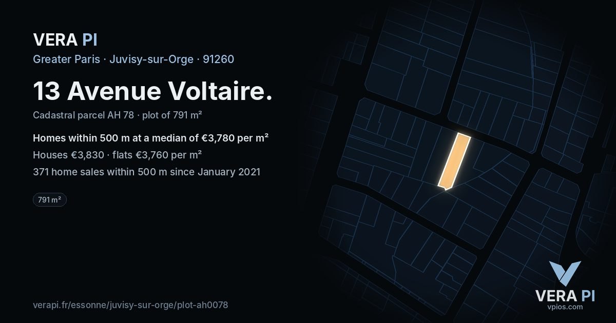 13 Avenue Voltaire, Juvisy-sur-Orge at night – the plot lit, the parcels around coloured by the prices near them