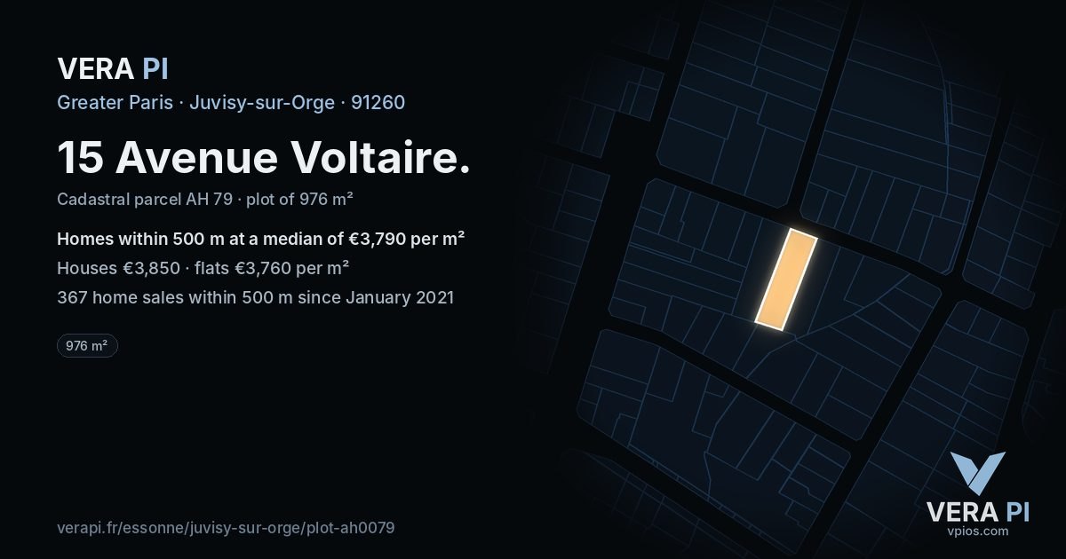 15 Avenue Voltaire, Juvisy-sur-Orge at night – the plot lit, the parcels around coloured by the prices near them