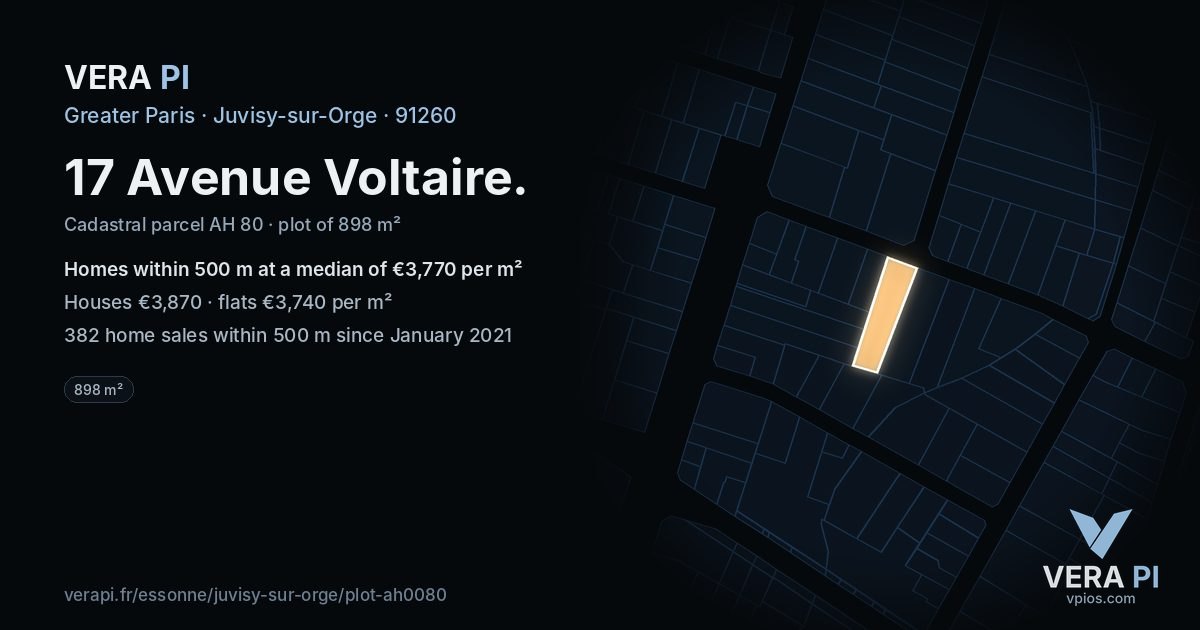 17 Avenue Voltaire, Juvisy-sur-Orge at night – the plot lit, the parcels around coloured by the prices near them