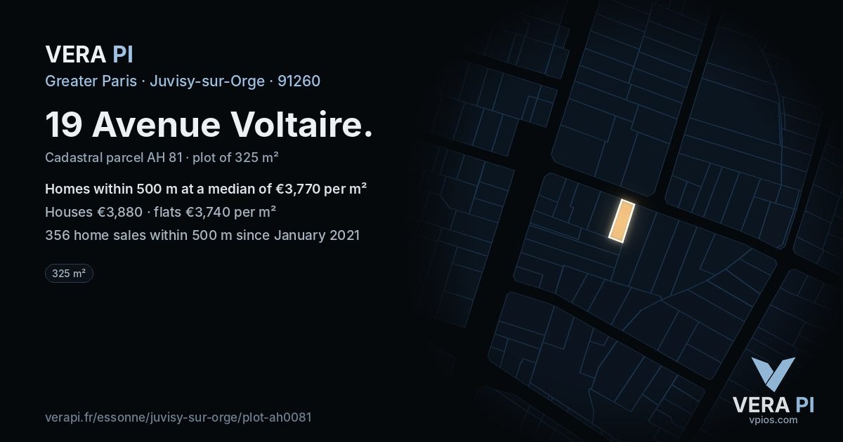 19 Avenue Voltaire, Juvisy-sur-Orge at night – the plot lit, the parcels around coloured by the prices near them