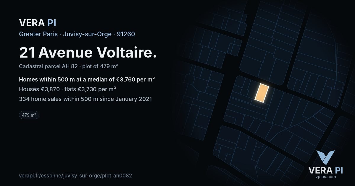 21 Avenue Voltaire, Juvisy-sur-Orge at night – the plot lit, the parcels around coloured by the prices near them