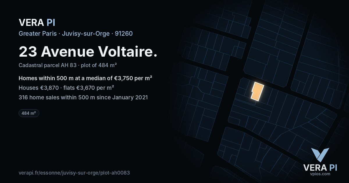 23 Avenue Voltaire, Juvisy-sur-Orge at night – the plot lit, the parcels around coloured by the prices near them
