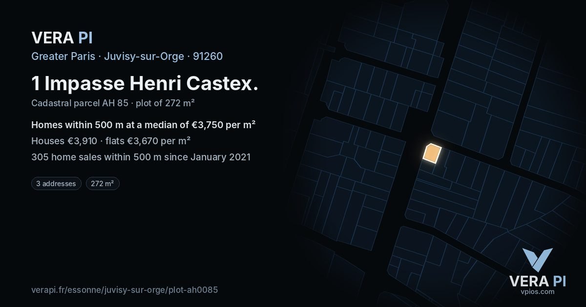 1 Impasse Henri Castex, Juvisy-sur-Orge at night – the plot lit, the parcels around coloured by the prices near them