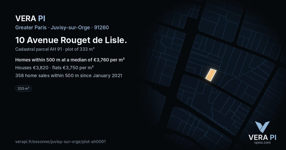 10 Avenue Rouget de Lisle, Juvisy-sur-Orge at night – the plot lit, the parcels around coloured by the prices near them