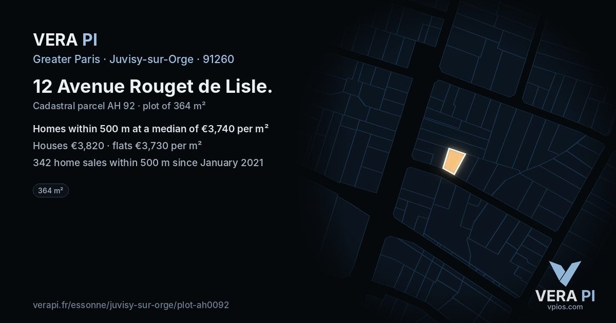 12 Avenue Rouget de Lisle, Juvisy-sur-Orge at night – the plot lit, the parcels around coloured by the prices near them