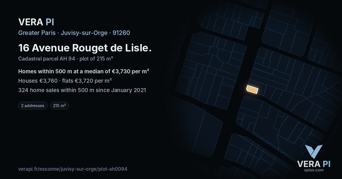 16 Avenue Rouget de Lisle, Juvisy-sur-Orge at night – the plot lit, the parcels around coloured by the prices near them