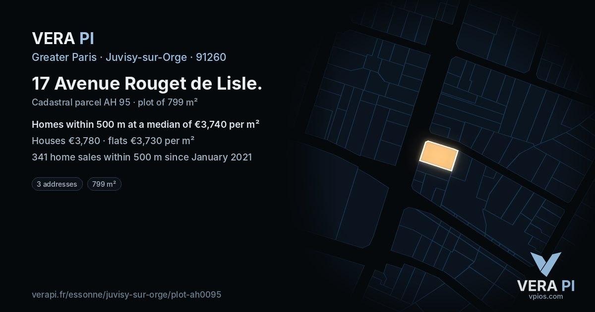 17 Avenue Rouget de Lisle, Juvisy-sur-Orge at night – the plot lit, the parcels around coloured by the prices near them