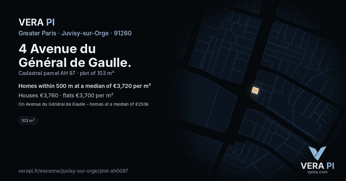 4 Avenue du Général de Gaulle, Juvisy-sur-Orge at night – the plot lit, the parcels around coloured by the prices near them